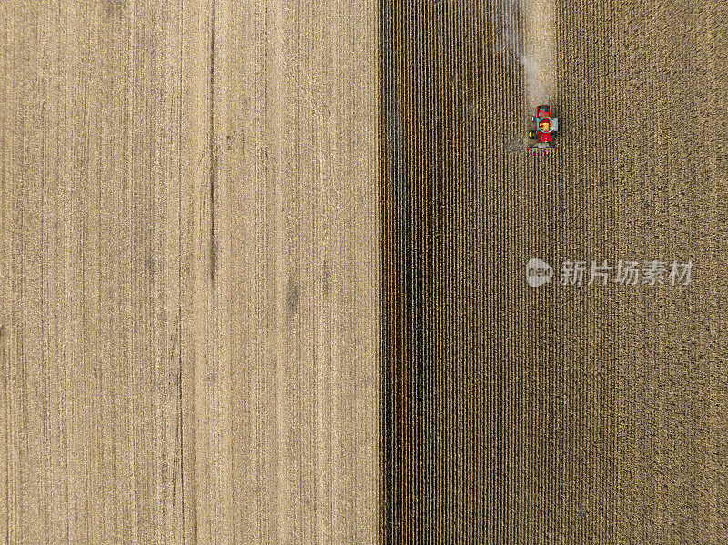 鸟瞰拖拉机和农业机械收割玉米田，魁北克，加拿大。