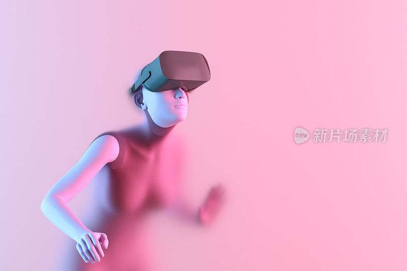 戴着VR眼镜的女子通过透明玻璃进入了元宇宙世界