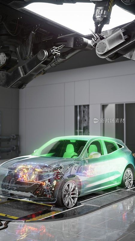 绿色电动汽车充电——电力通过充电汽车的电缆传输
