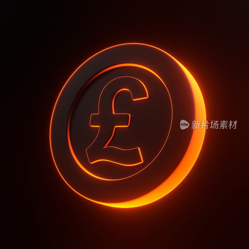 硬币与磅符号与明亮的发光未来主义橙色霓虹灯在黑色背景