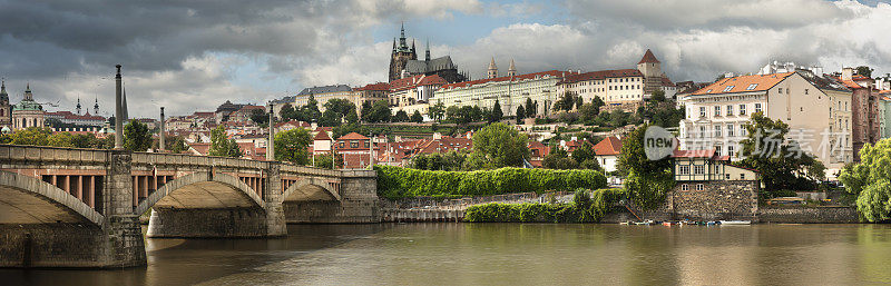 布拉格——捷克共和国伏尔塔瓦河上的马内斯桥和城堡全景