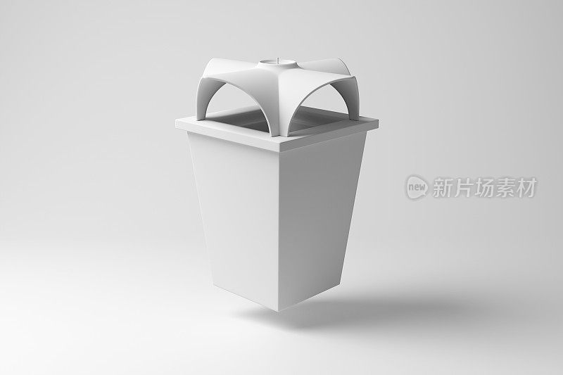 白色的户外垃圾桶漂浮在半空中，白色的背景在单色和极简主义。说明公共设施的概念