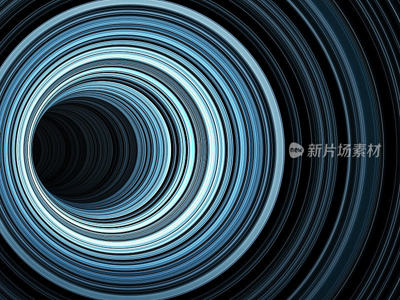 黑暗隧道发光的蓝色环，3d渲染
