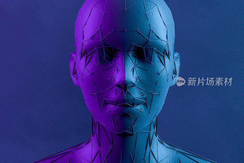 3D低聚半机械人头，人工智能概念