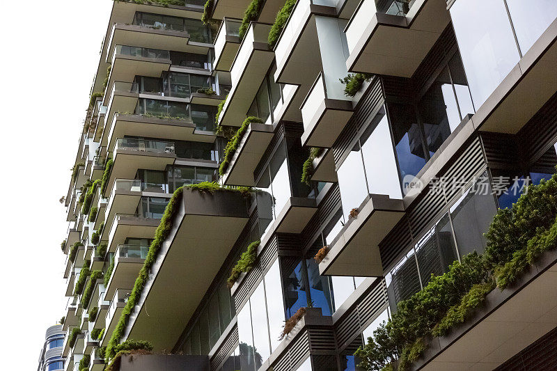 近距离低角度的公寓建筑与垂直花园，背景与拷贝空间