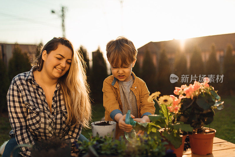 年轻的母亲和她的孩子们在花园里种花