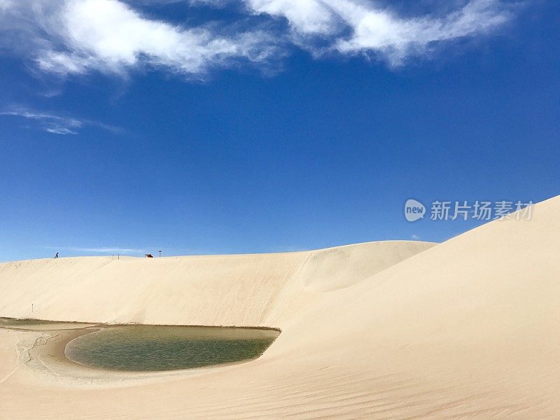 绿松石绿色，翠绿的雨水湖泻湖在一个金黄的沙丘在Jericoacoara，巴西