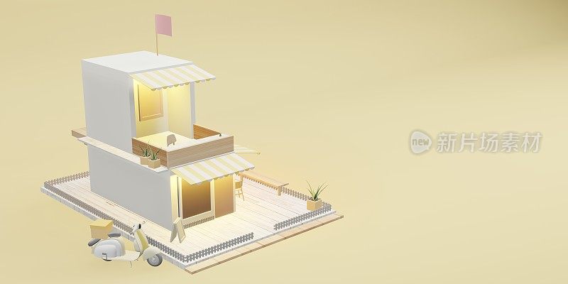咖啡店模型，餐厅模型和送货服务卡通图像3D插图