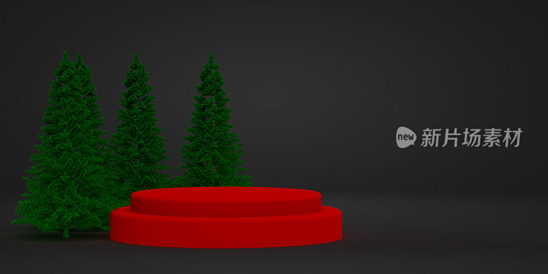 红轮获奖者领奖台与圣诞树在黑暗的背景