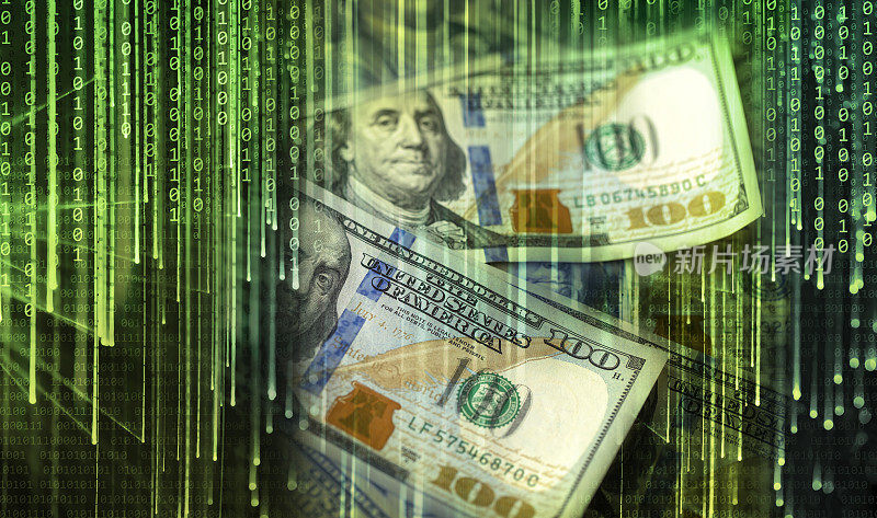 金融技术-二进制代码背景与美元钞票