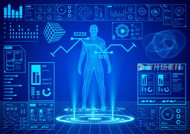 蓝色全息影像hud人体扫描界面。健康分析应用程序界面。信息图未来医学概念