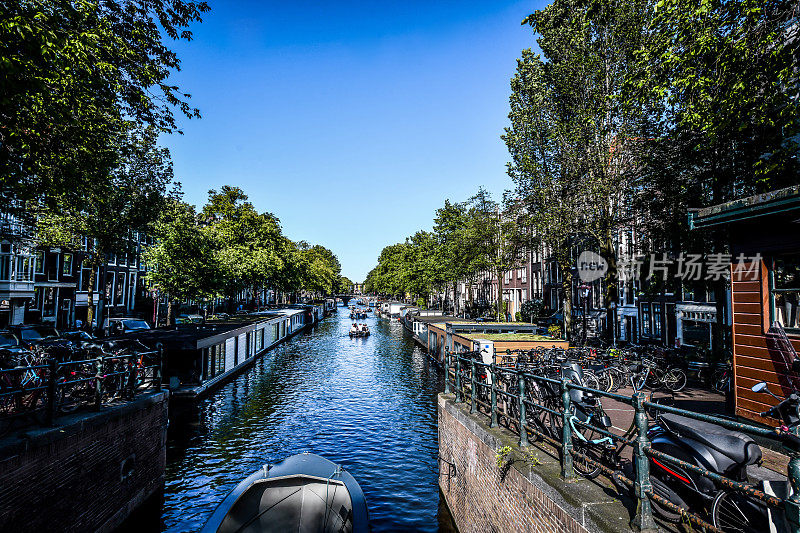 荷兰阿姆斯特丹，阿姆斯特尔河运河两岸停放着许多自行车