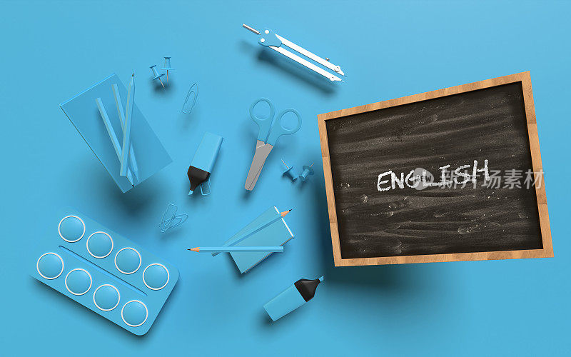 用蓝色背景黑板上的蓝色学校设备回到学校英语的概念