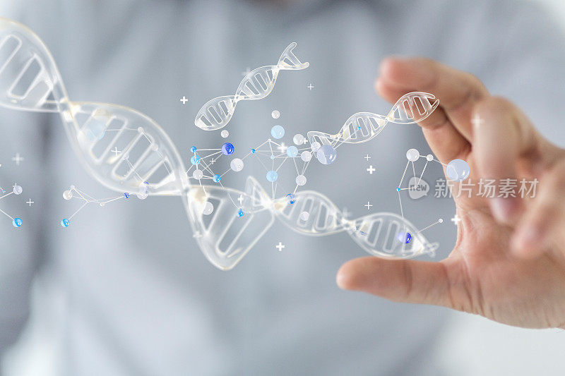 基因工程师敲击DNA链全息图的3d渲染图