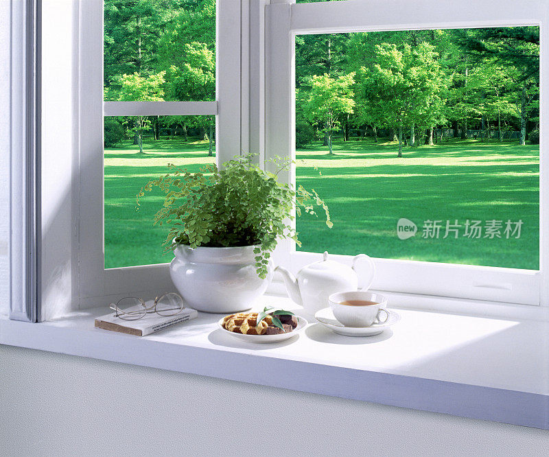 凸窗，带下午茶和一盆植物