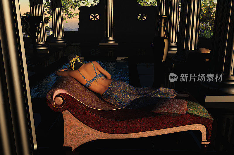 幻想异国情调的女王躺在宫殿的沙发上