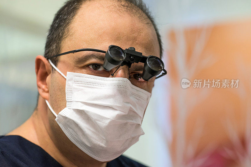 戴显微镜眼镜和外科口罩的外科医生