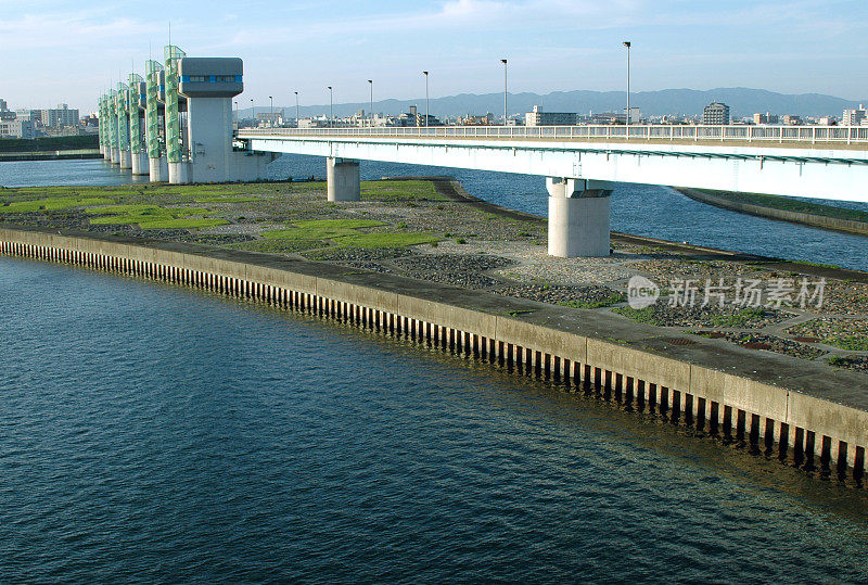 日本大阪御渡河上的防洪大坝