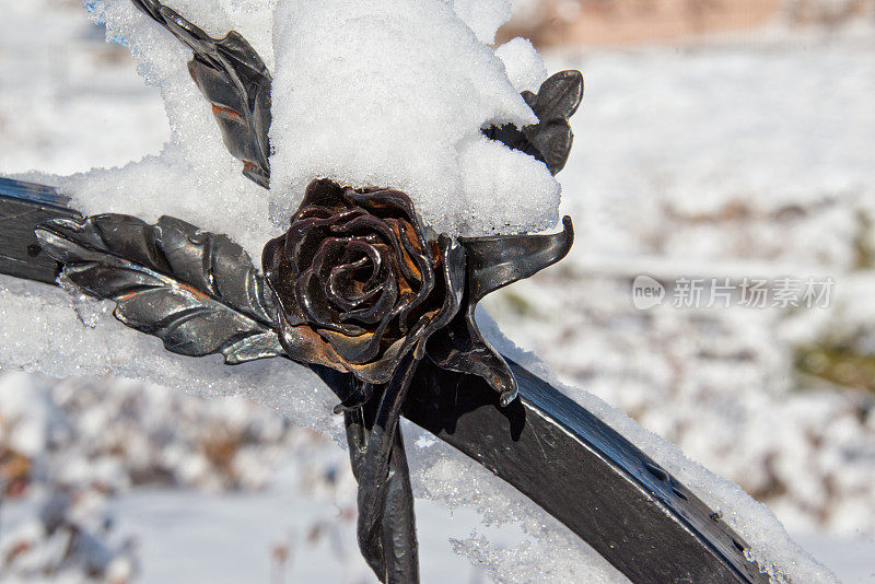 手锻金属玫瑰覆盖着雪