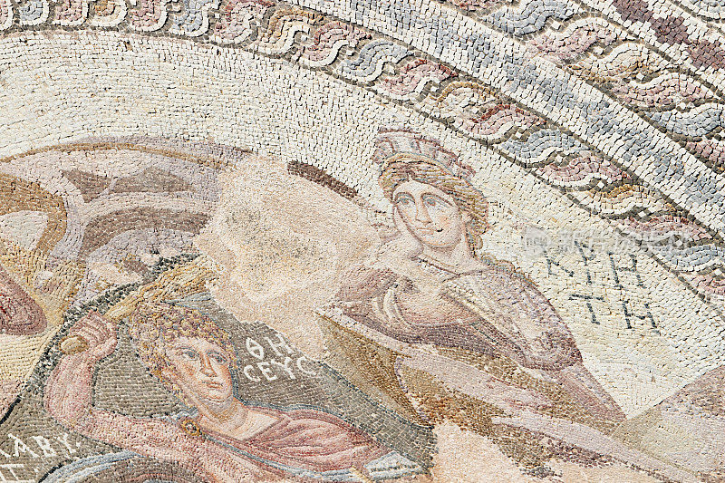 塞浦路斯帕福斯废墟上的两个人马赛克地板