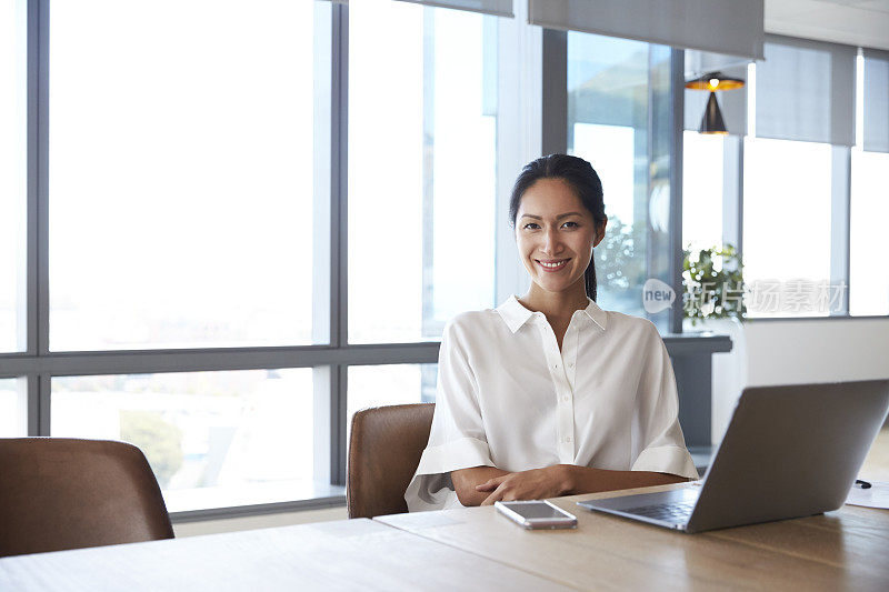 商业女性在会议室用笔记本电脑工作的肖像