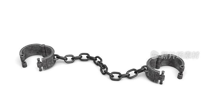 3d渲染的旧铁链上的枷锁打开在白色的背景。