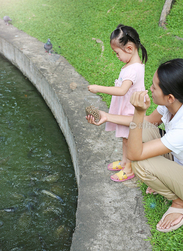 母亲和孩子手拿食物喂鱼或鸟在花园里。