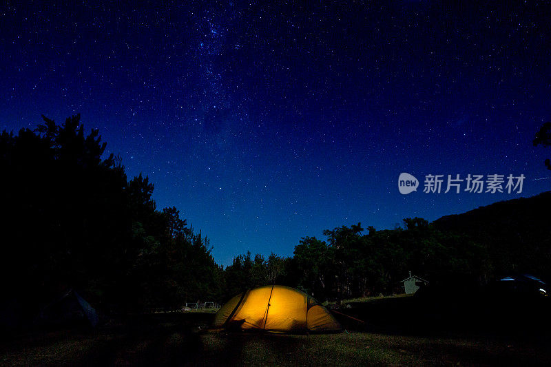 一个橙色的帐篷在充满星星的银河夜空下闪闪发光