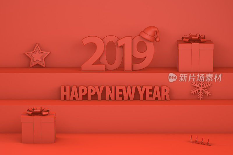 2019年新年，楼梯上有圣诞帽，红色背景上有简约圣诞概念