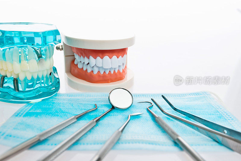 牙科医生的医疗工具和模型的牙齿在白色的背景