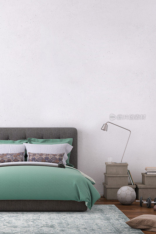 现代卧室内部与空白墙的复制空间