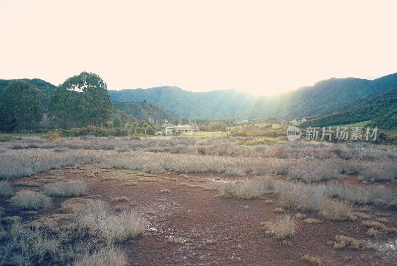 从海岸河口上的山谷在日落