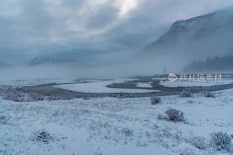 在黄石生态系统的多雾、多雪的早晨，美景一览无余