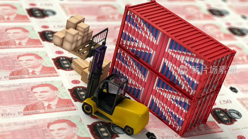 英国进出口贸易概念与英国货币上的货物集装箱
