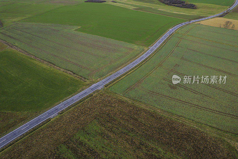 乡村景观中蜿蜒的乡村道路(空中)