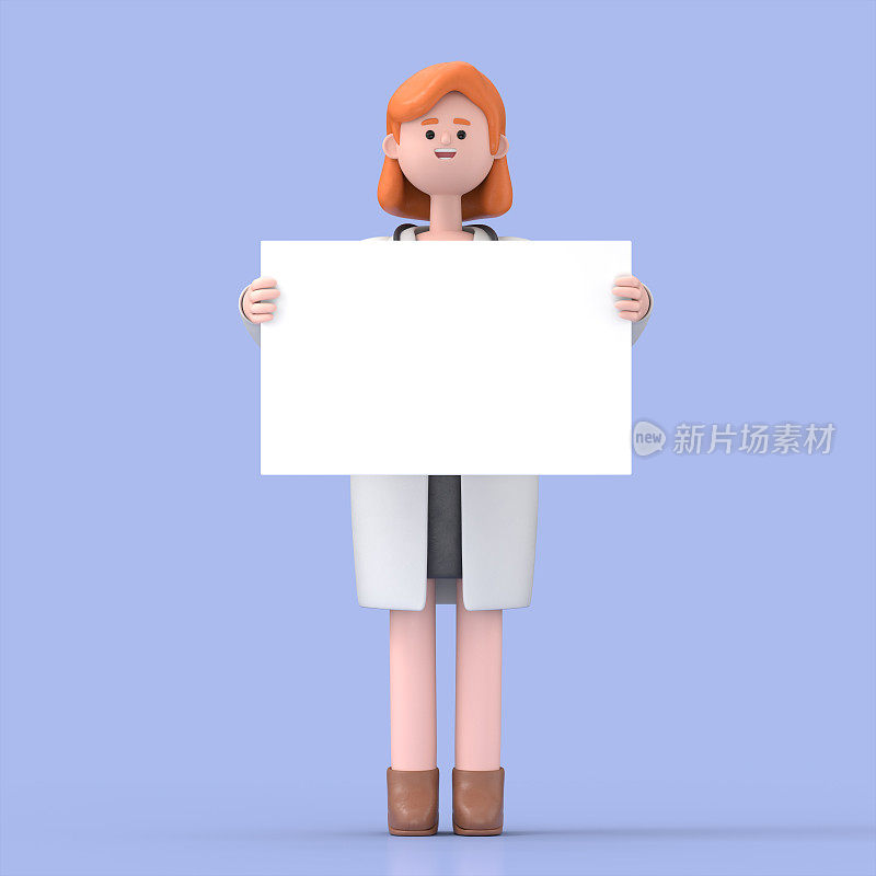 女博士诺娃手持白板的3D插图。卡通人物的肖像站在他们手中的展示横幅，广告板