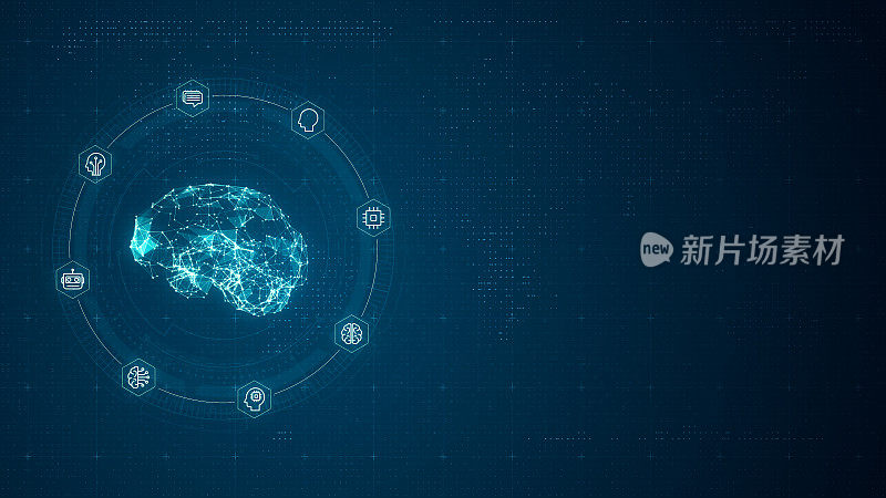 蓝色数字大脑标志和圆形未来HUD与Ai聊天机器人和机器学习技术与人工智能和机器人图标概念在抽象背景