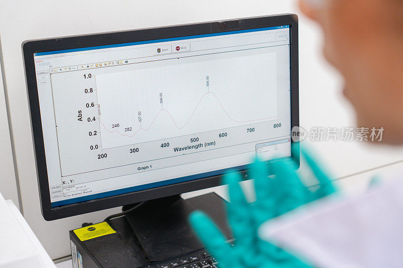 拉丁美洲女研究人员在医学研究中心分析从科学光谱学获得的计算机屏幕上的光谱，用于样品表征