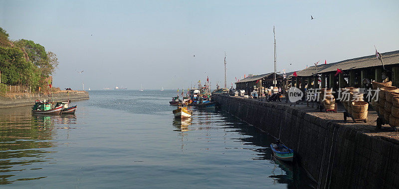 停泊在孟买港口的渔船