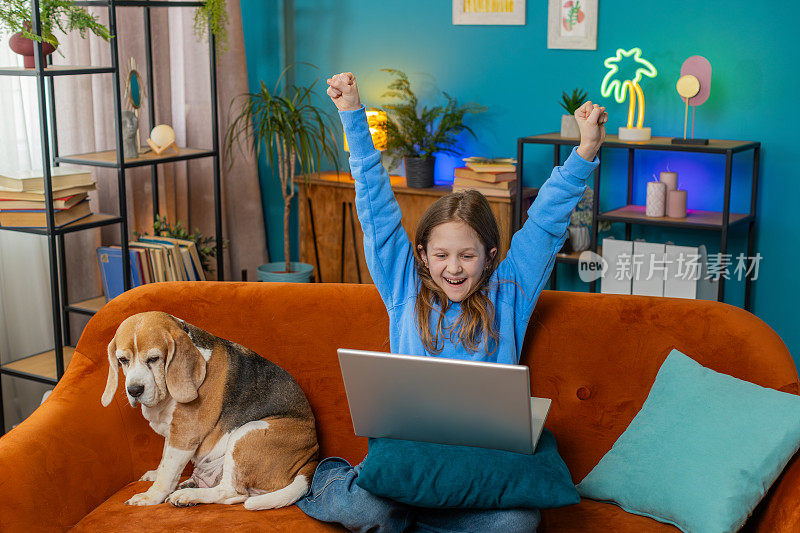 快乐的孩子女孩用笔记本电脑打字玩游戏好好消息庆祝网上赢在家里