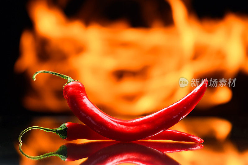 红辣椒，在燃烧的火的背景，火焰在黑色的背景，热和辛辣的香料
