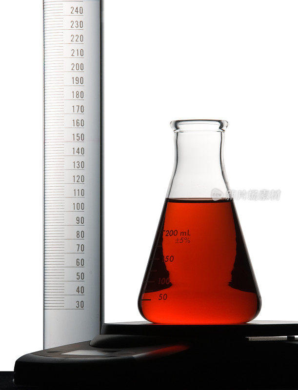 红色烧瓶和毕业与平衡隔离在白色