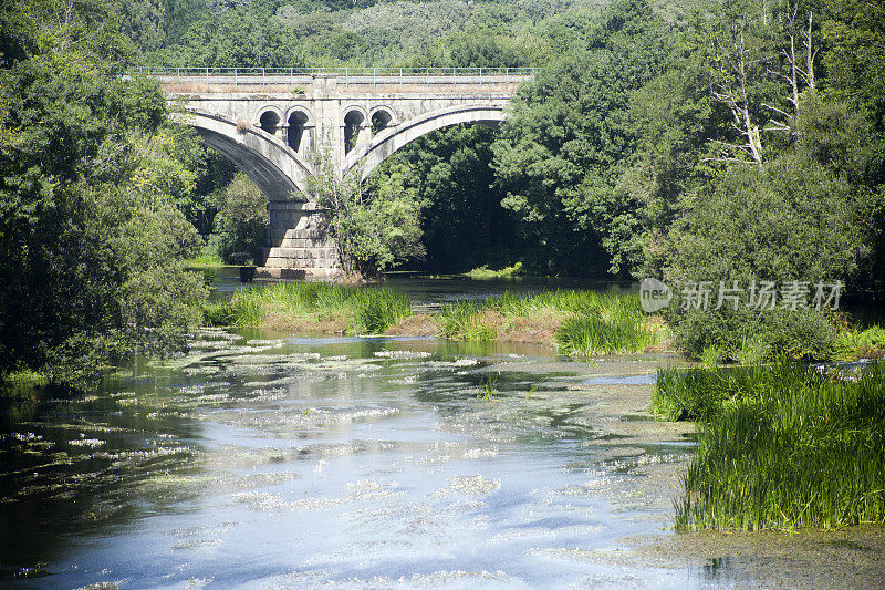 石质铁路桥Miño河，卢戈，加利西亚，西班牙。