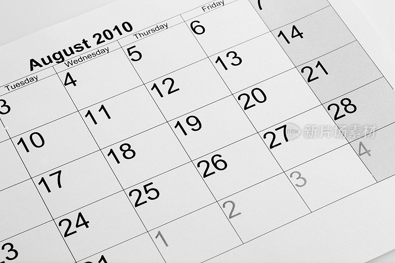 2010年8月的实际日历
