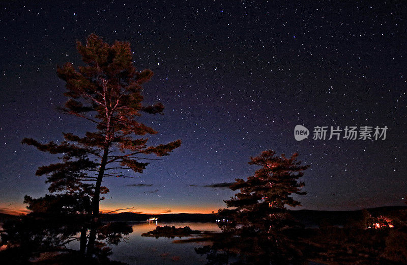 湖面和树林上繁星点点的天空