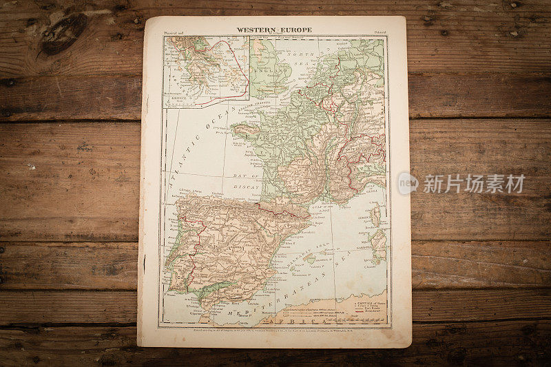 西欧地图插图，旅游，古董1871书页
