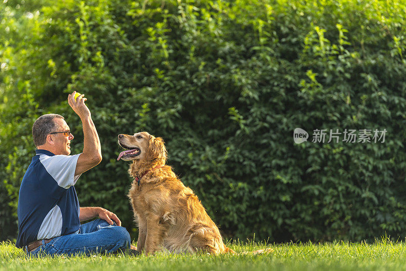 日落时分，一个人和他的狗在玩接球游戏