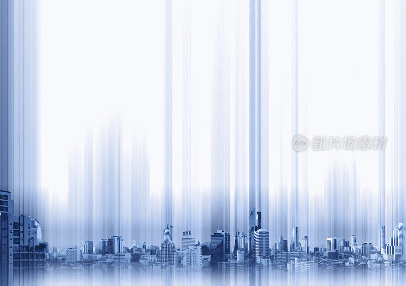 蓝色建筑在城市的白色背景下，科技概念背景下