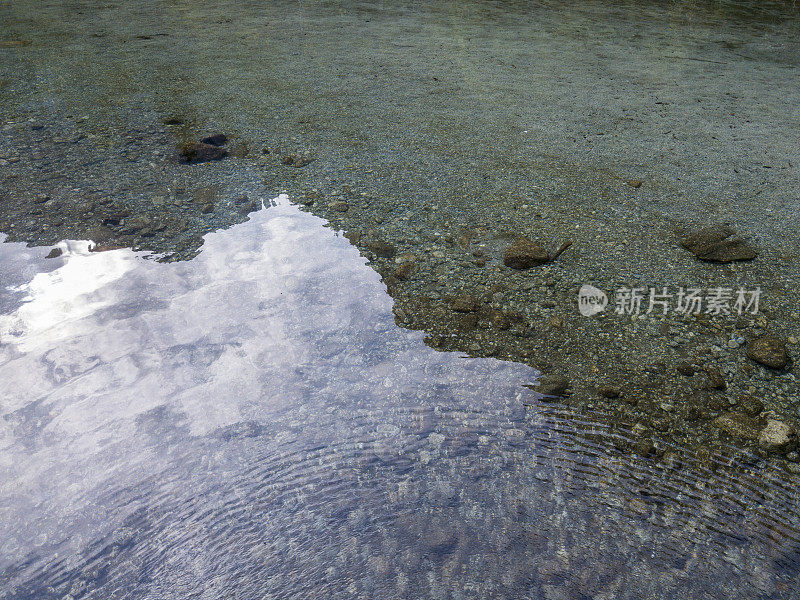 鸟瞰图的透明水的山湖，卵石和岩石在河床上
