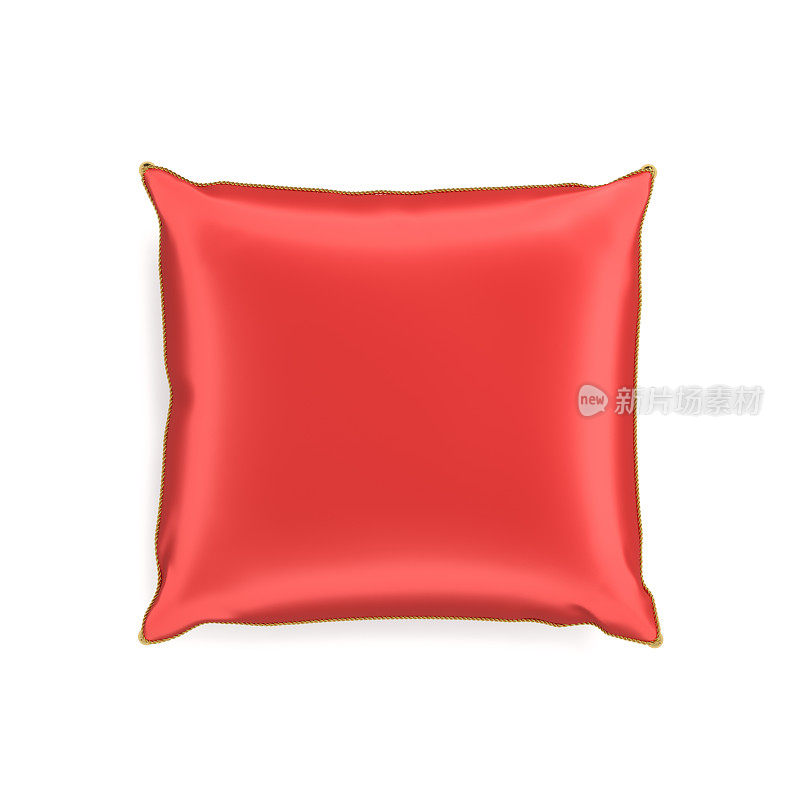 一个红色丝绸装饰枕头的3d渲染与金色的tussels在顶视图上的白色背景